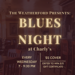 August Wednesday Night Blues lineup at Charly's Pub & Grill featuring Tommy Dukes, S.E. Willis, Big Daddy D Porras, and Elvin Killerbee. Live music every Wednesday from 7:00–9:30 PM with a $5 cover.