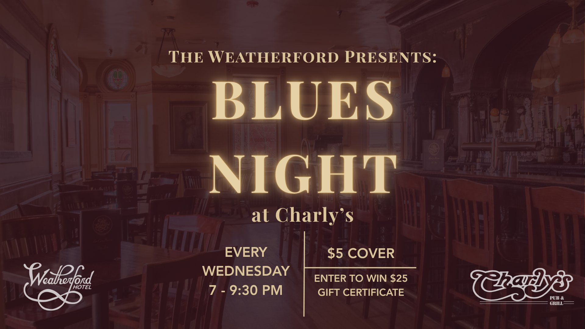 August Wednesday Night Blues lineup at Charly's Pub & Grill featuring Tommy Dukes, S.E. Willis, Big Daddy D Porras, and Elvin Killerbee. Live music every Wednesday from 7:00–9:30 PM with a $5 cover.